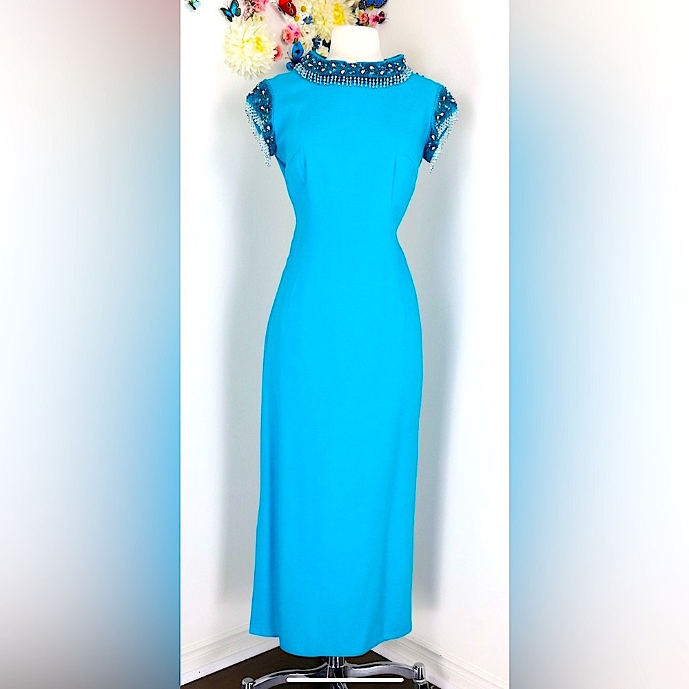 Vintage 1960’s Beaded Blue Cocktail/Evening Maxi dress by Ardley Frocks